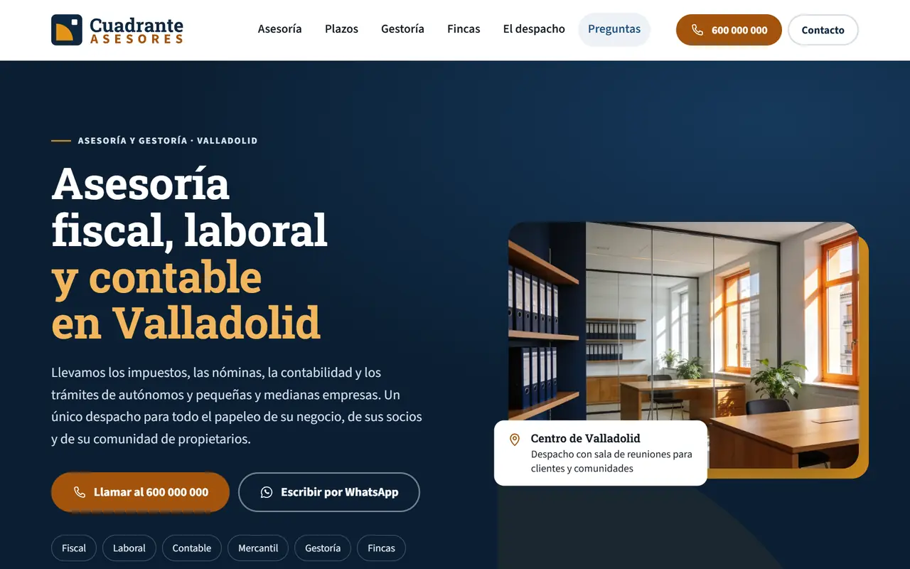 Cuadrante Asesores website on a desktop screen