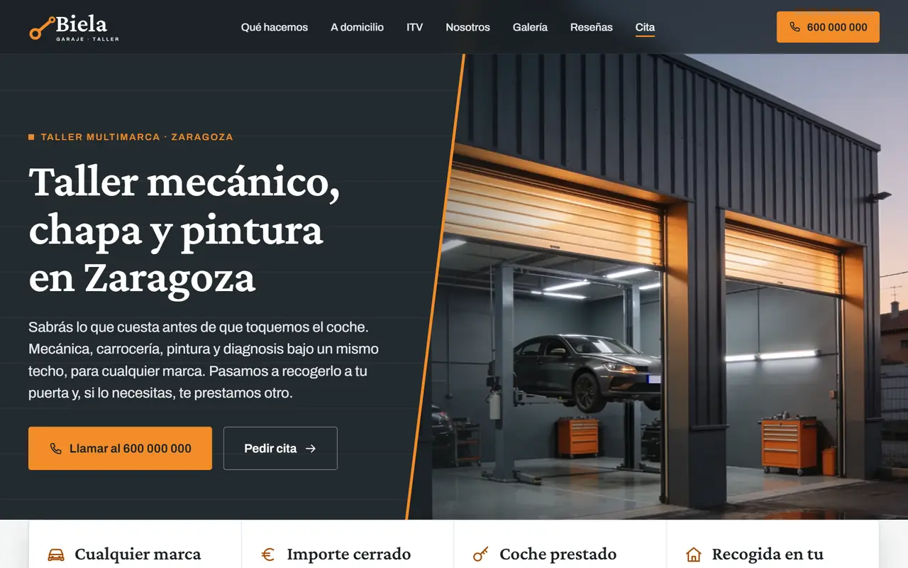 Garaje Biela website on a desktop screen