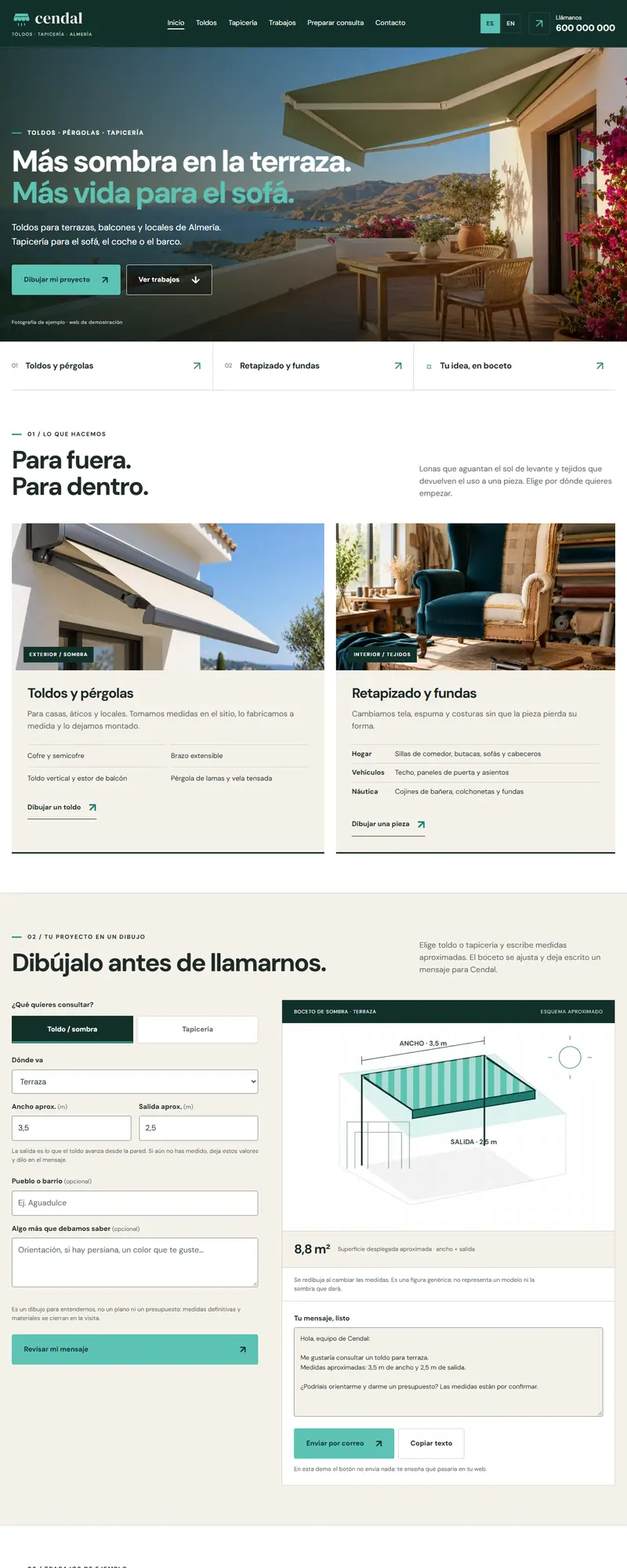 Full page of the awnings & upholstery website