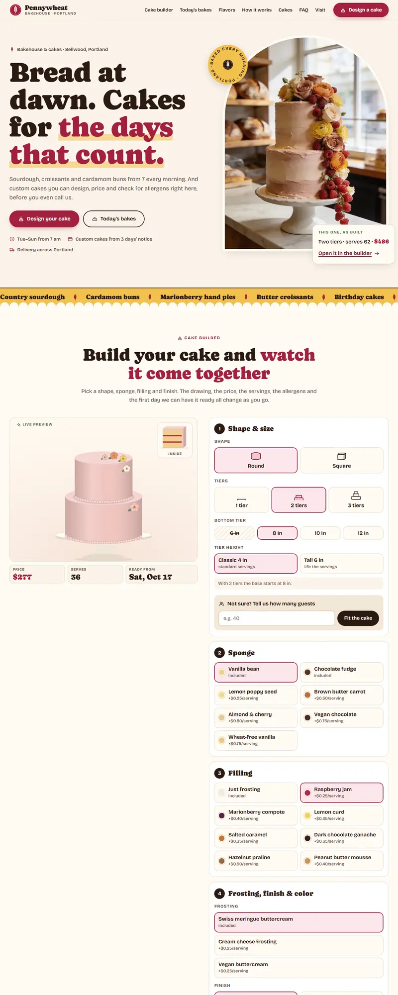 Full page of the bakery website