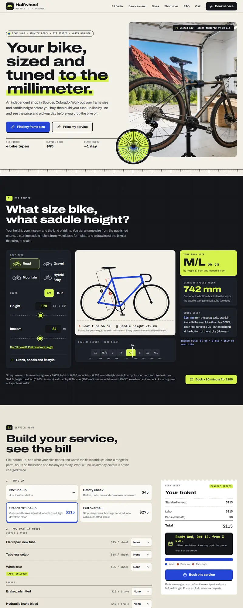 Full page of the bike shop website