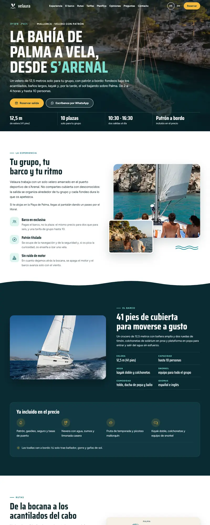 Full page of the boat charter website