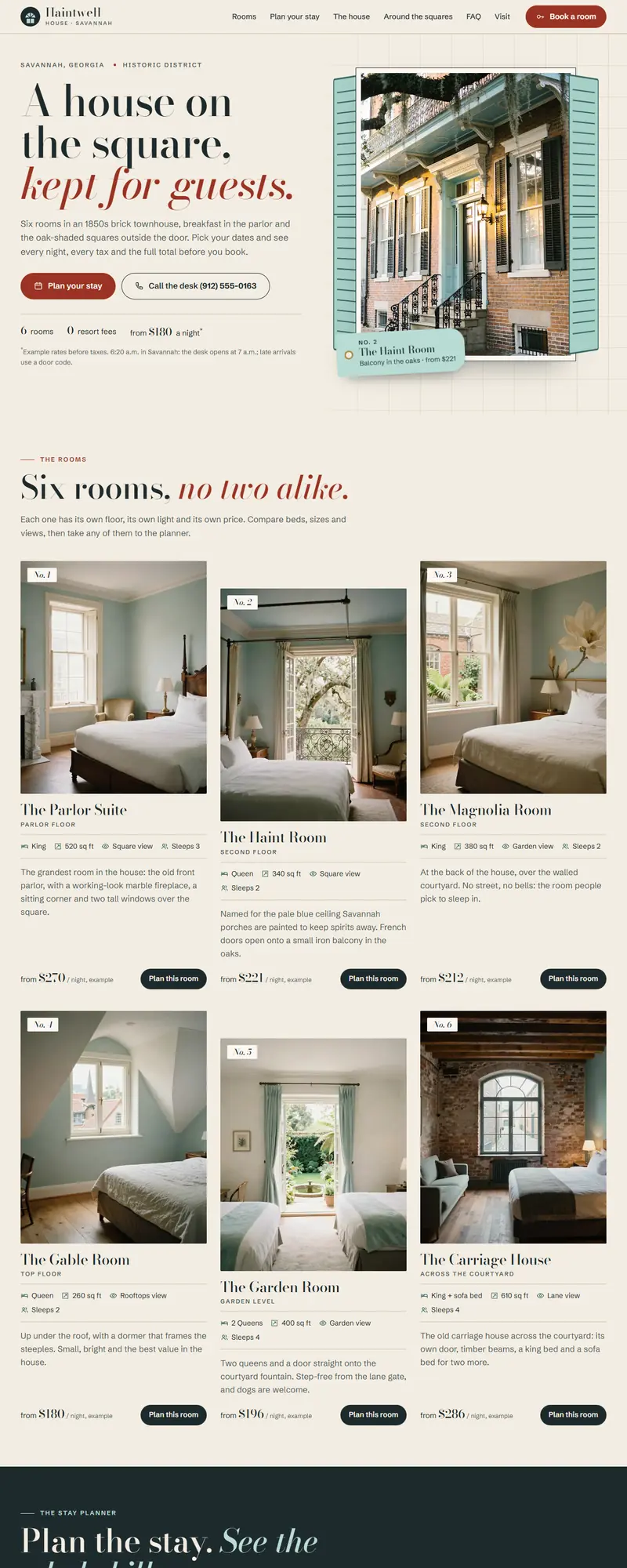 Full page of the boutique hotel website