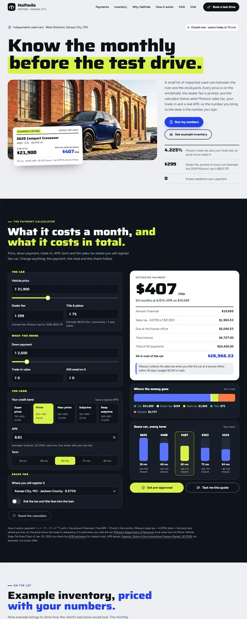 Full page of the used car dealer website