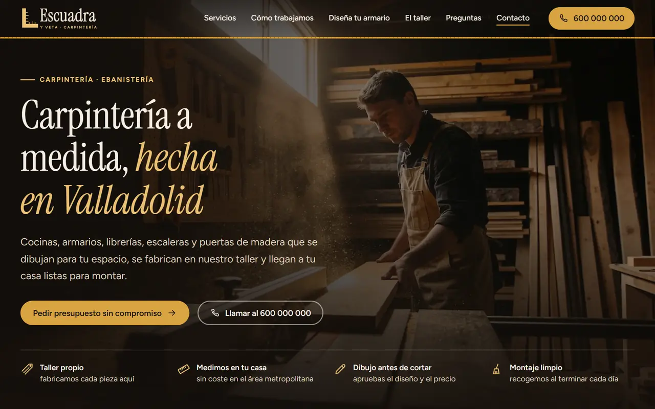 Escuadra y Veta website on a desktop screen
