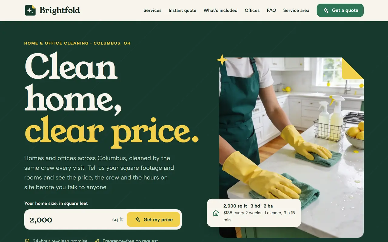 Brightfold Cleaning Co. website on a desktop screen