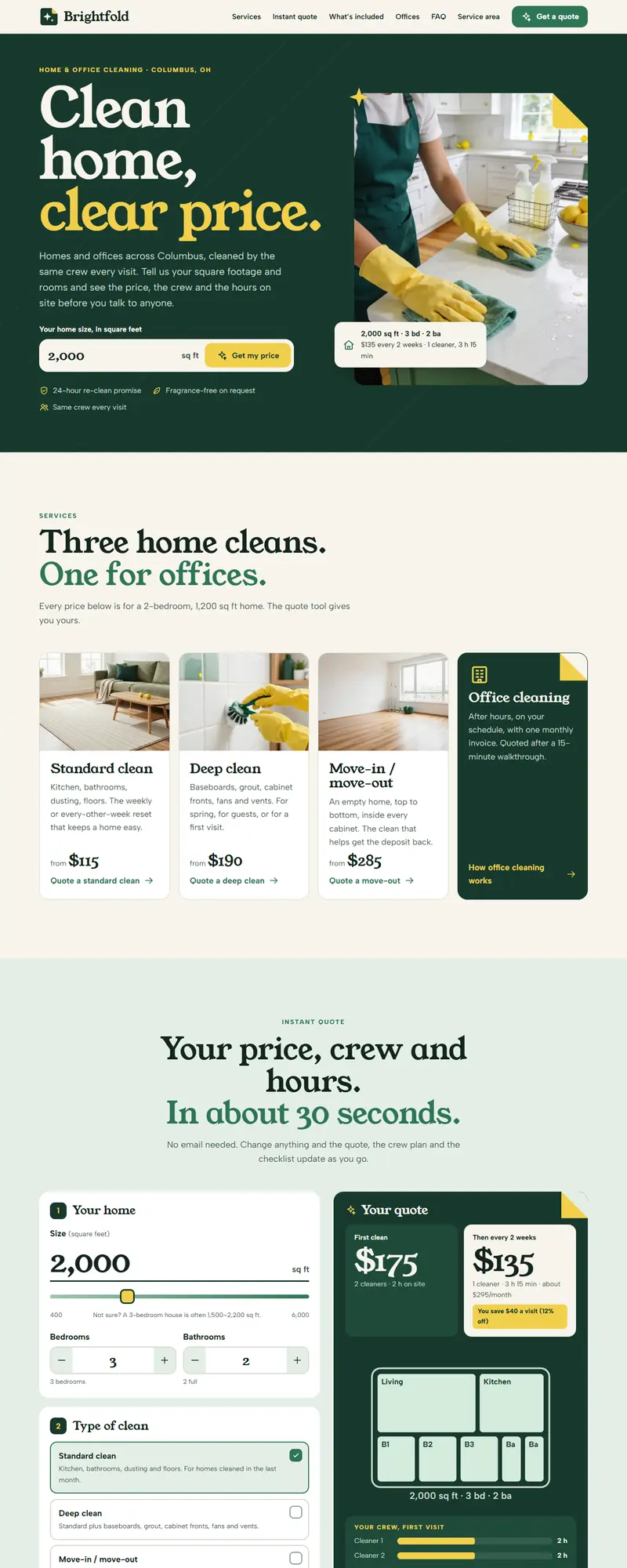 Full page of the cleaning service website