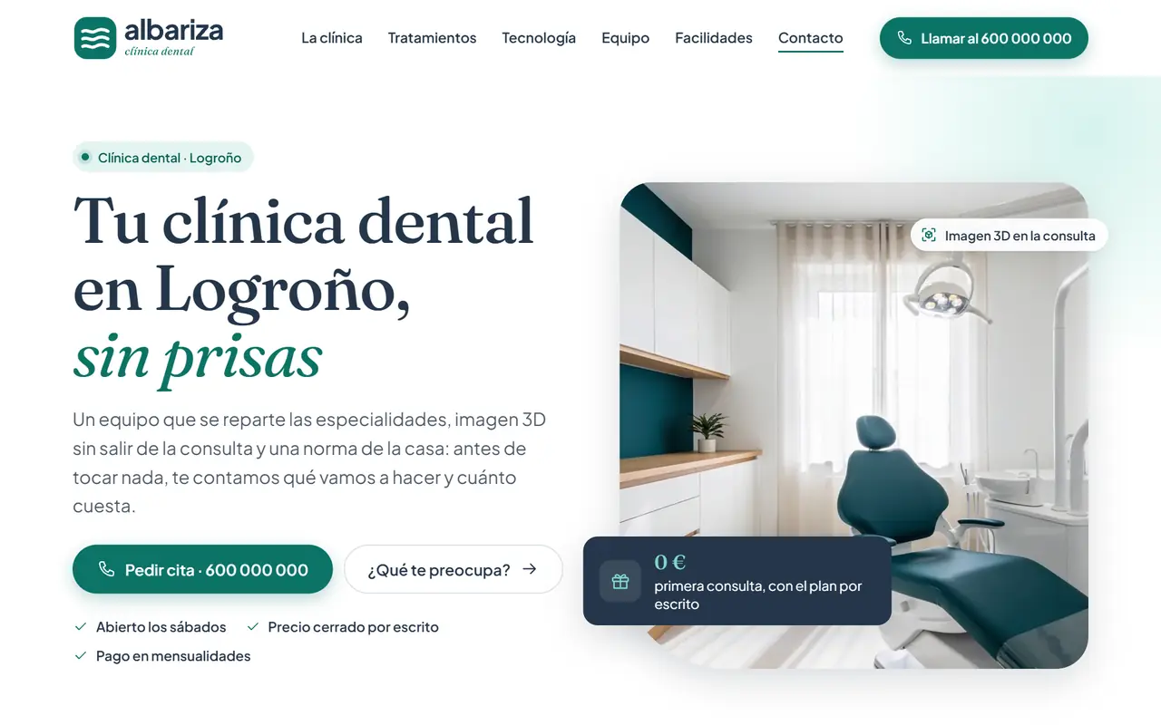 Clínica Dental Albariza website on a desktop screen