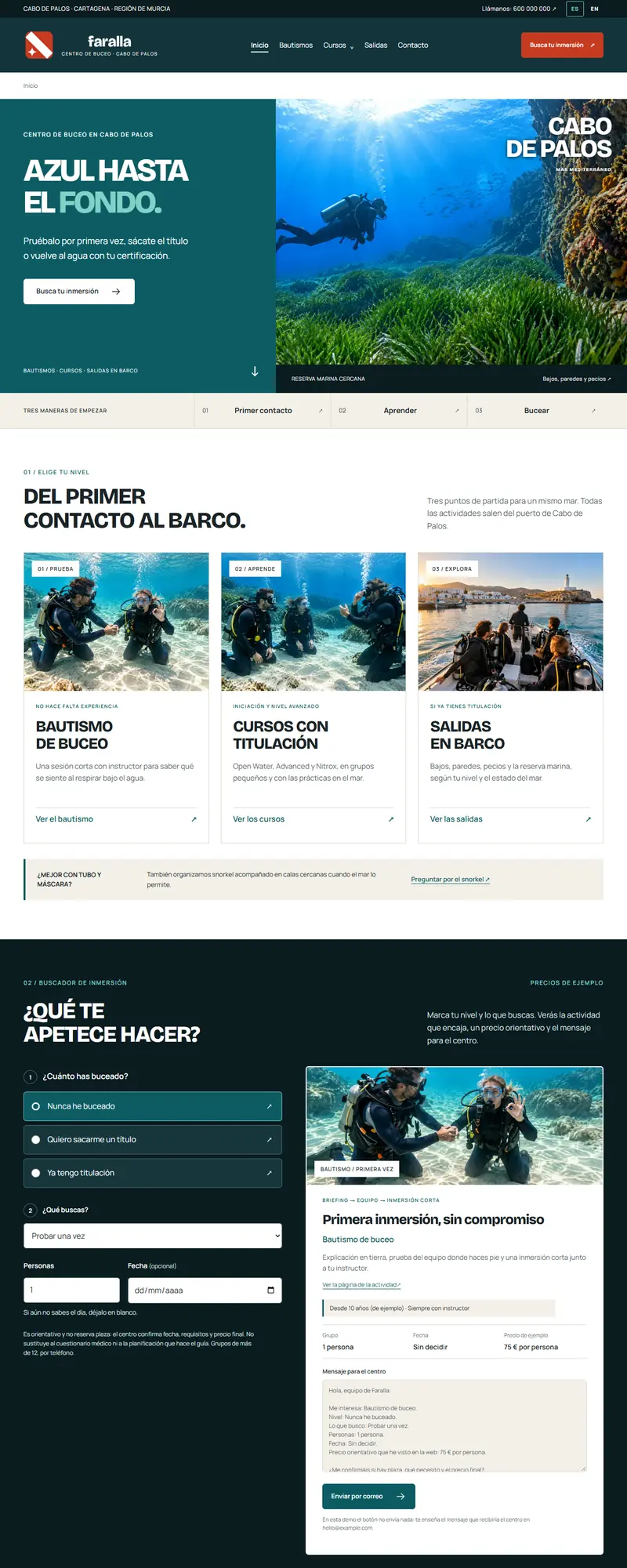 Full page of the dive centre website