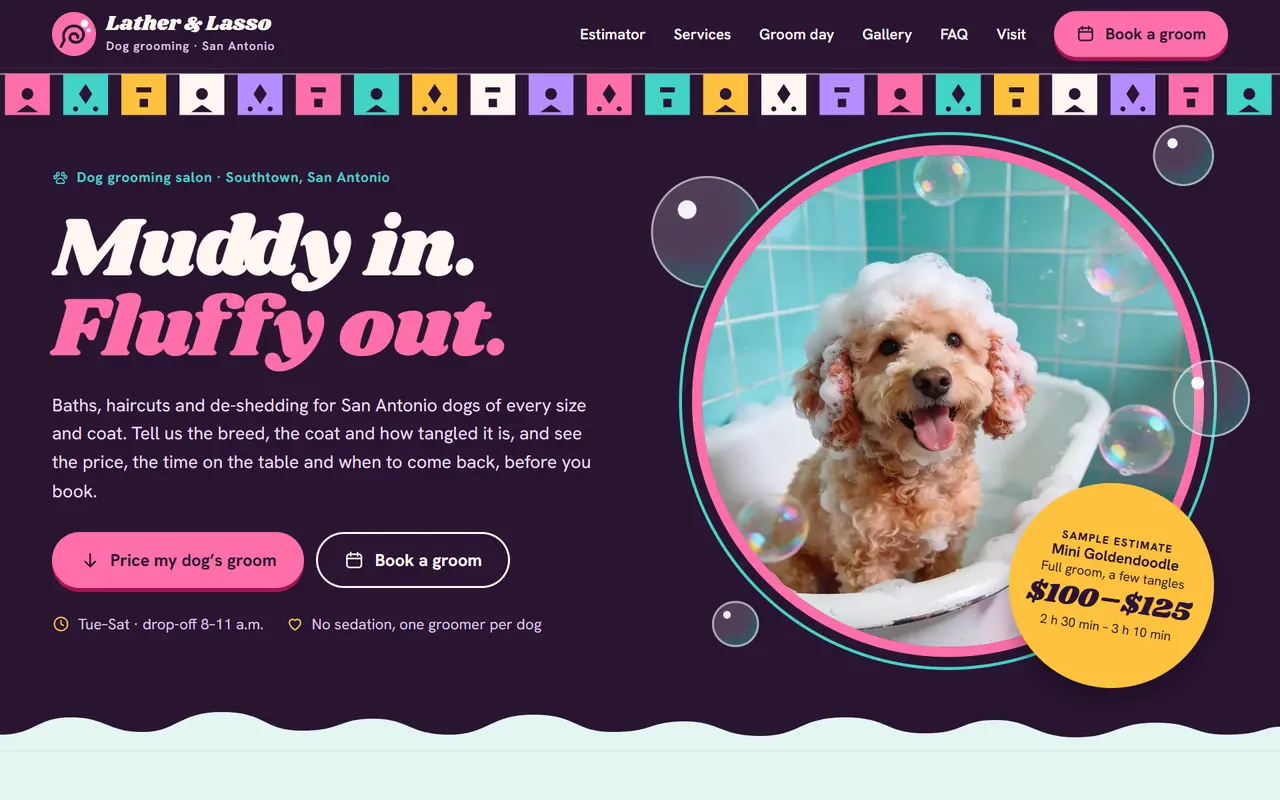 Lather & Lasso Dog Grooming website on a desktop screen
