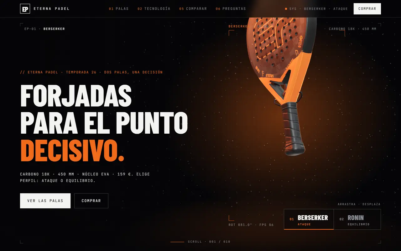 Eterna Padel website on a desktop screen