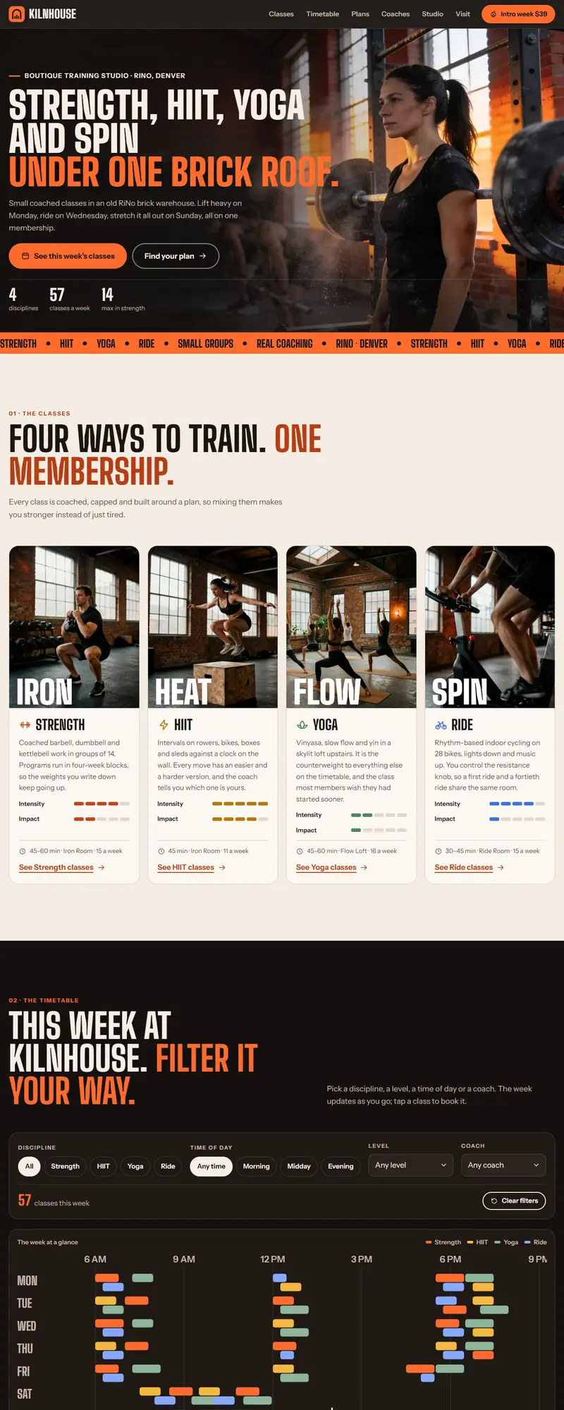 Full page of the fitness studio website