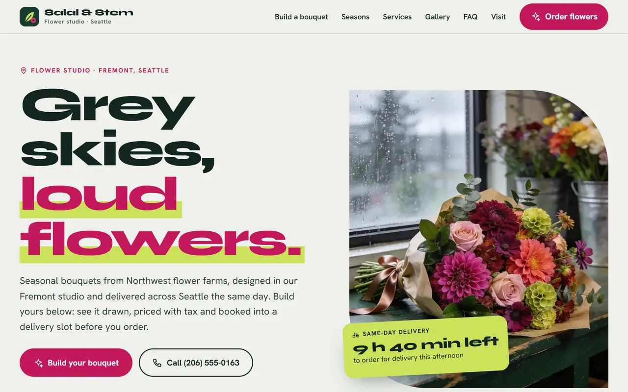 Salal & Stem Flower Studio website on a desktop screen