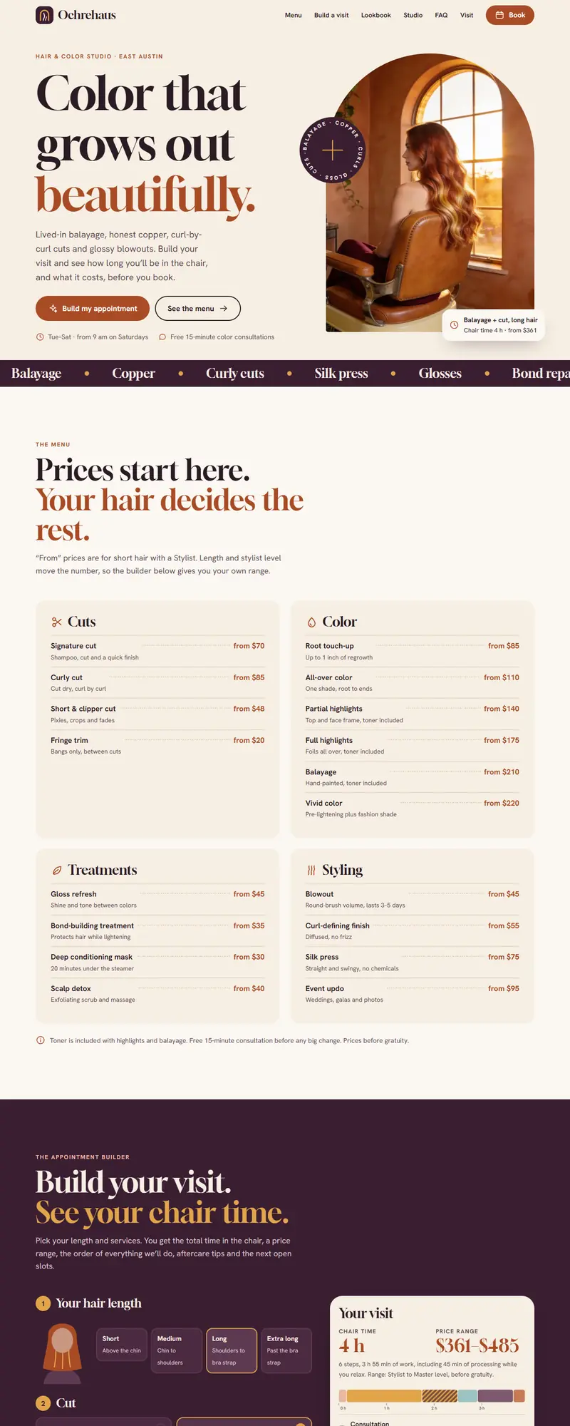 Full page of the hair salon website