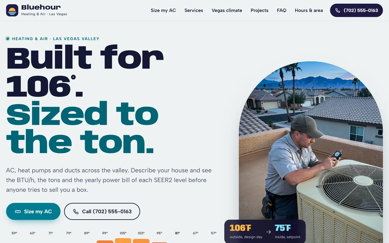 Bluehour Heating & Air website on a desktop screen