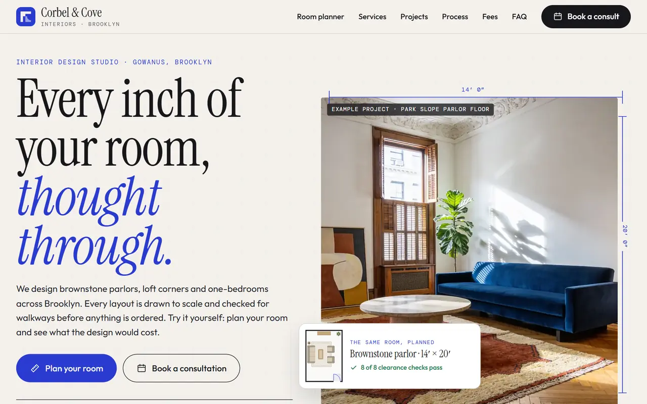 Corbel & Cove Interiors website on a desktop screen