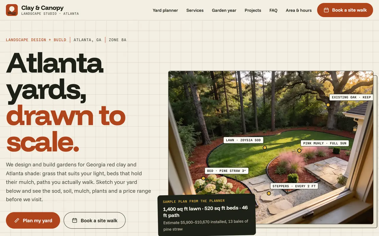 Clay & Canopy Landscape Studio website on a desktop screen