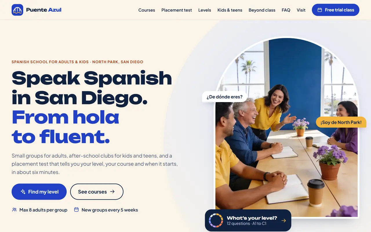 Puente Azul Spanish School website on a desktop screen