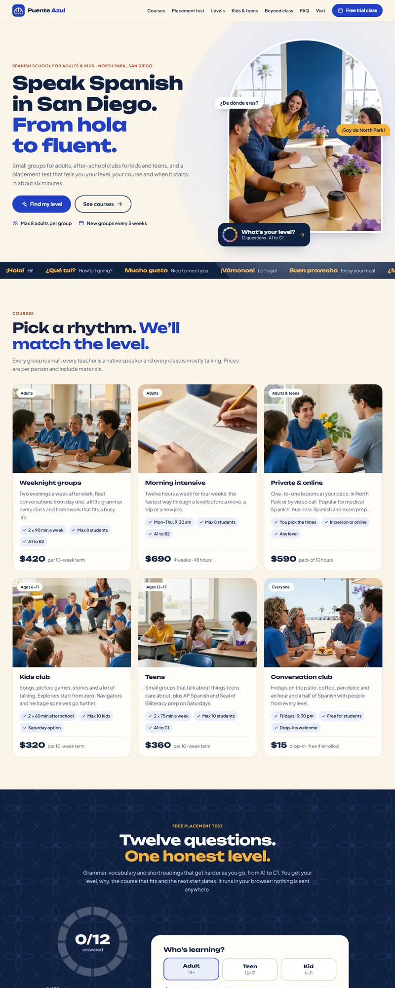 Full page of the language school website