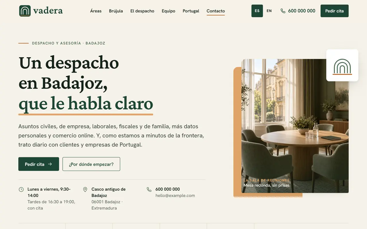 Vadera Abogados website on a desktop screen