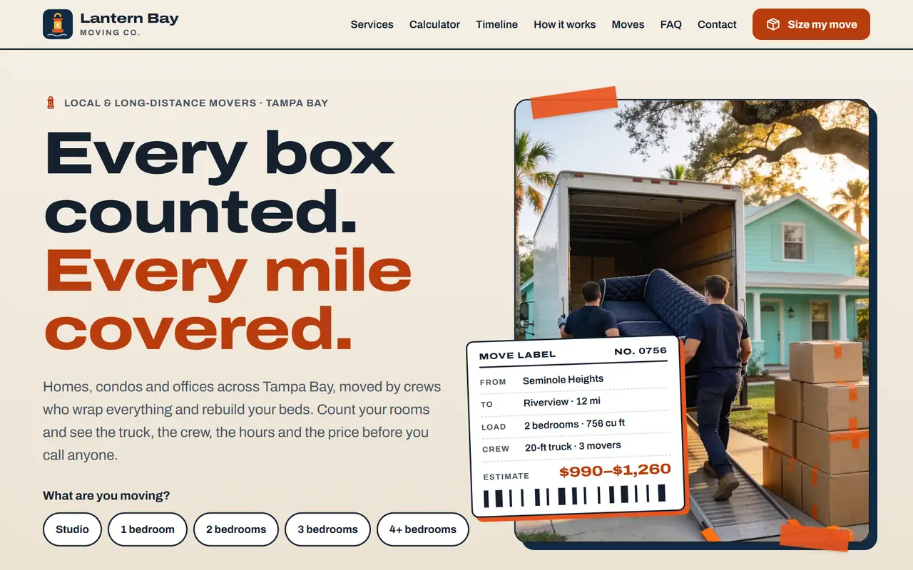 Lantern Bay Moving Co. website on a desktop screen
