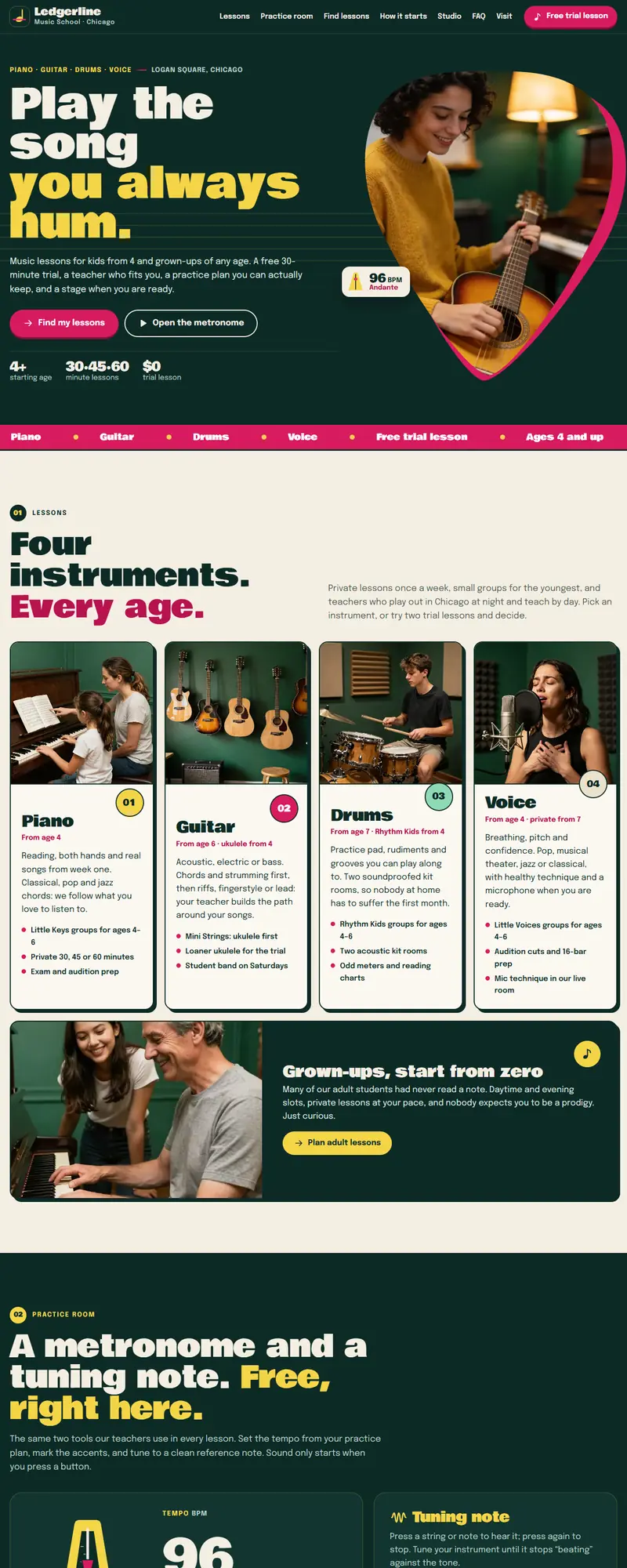 Full page of the music school website