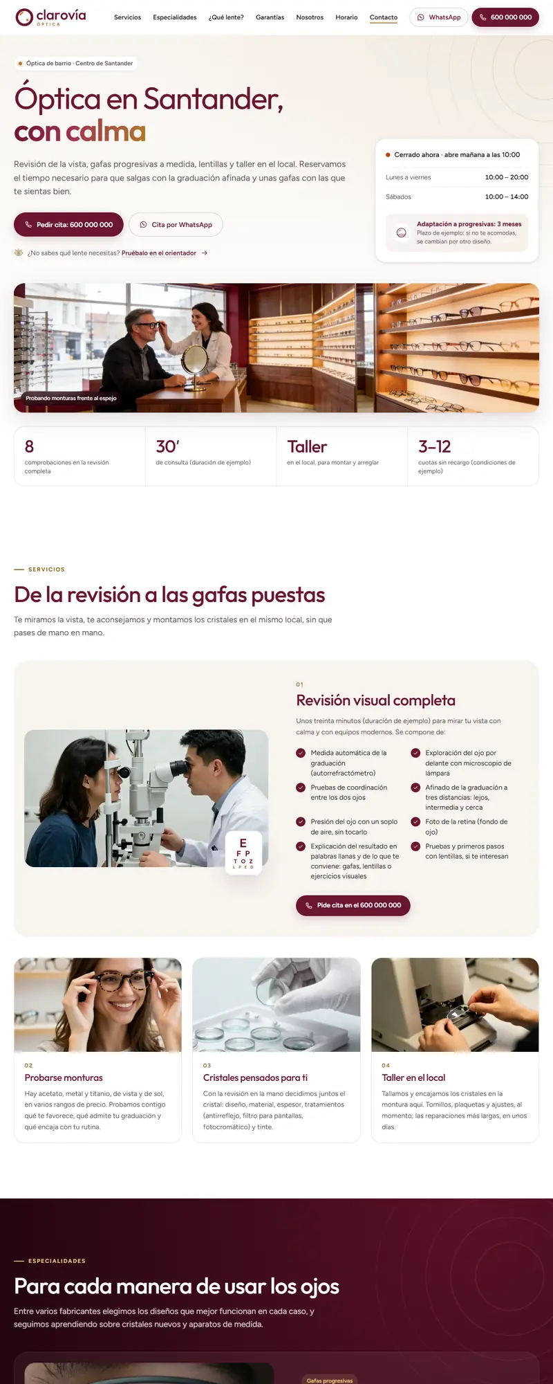 Full page of the optician website