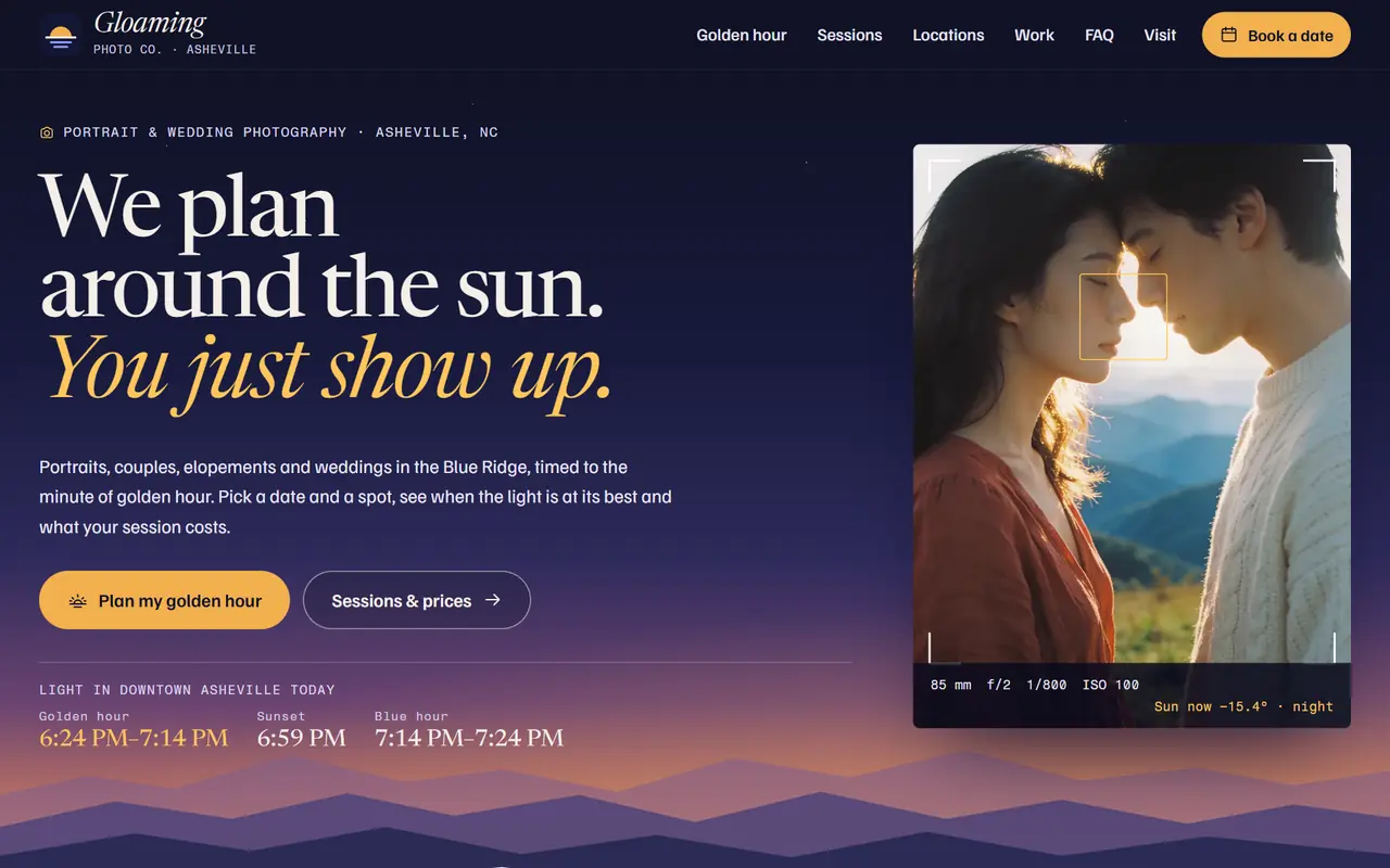 Gloaming Photo Co. website on a desktop screen