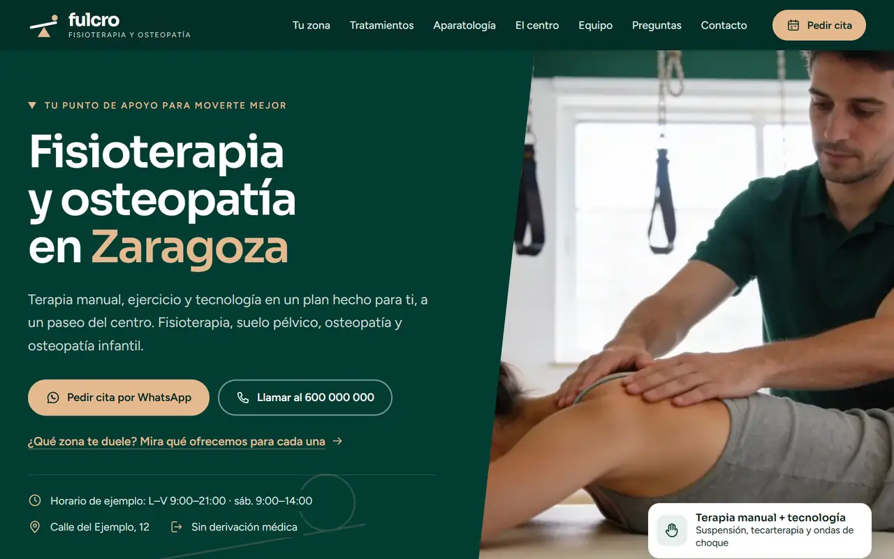 Fulcro Fisioterapia y Osteopatía website on a desktop screen