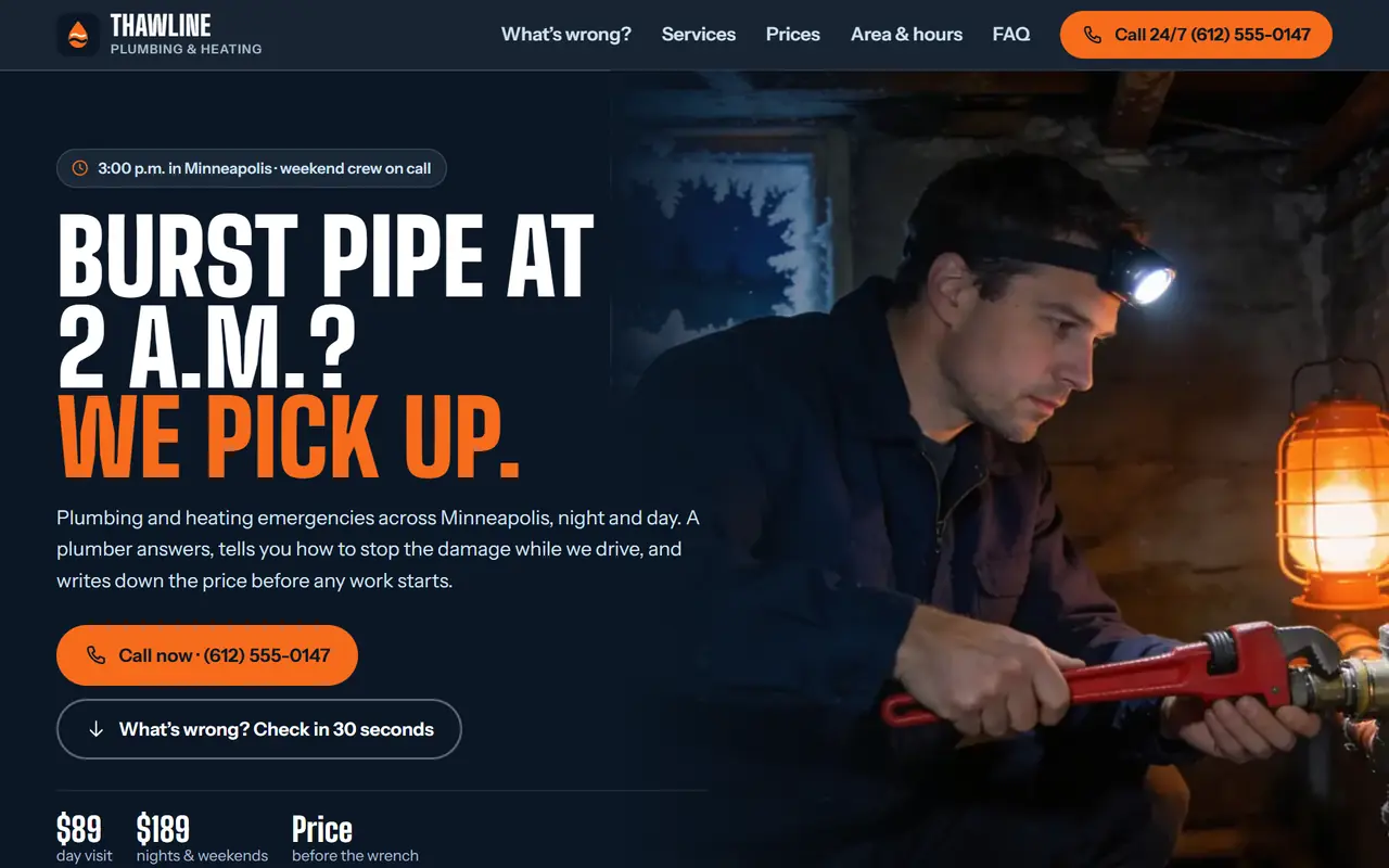 Thawline Plumbing & Heating website on a desktop screen