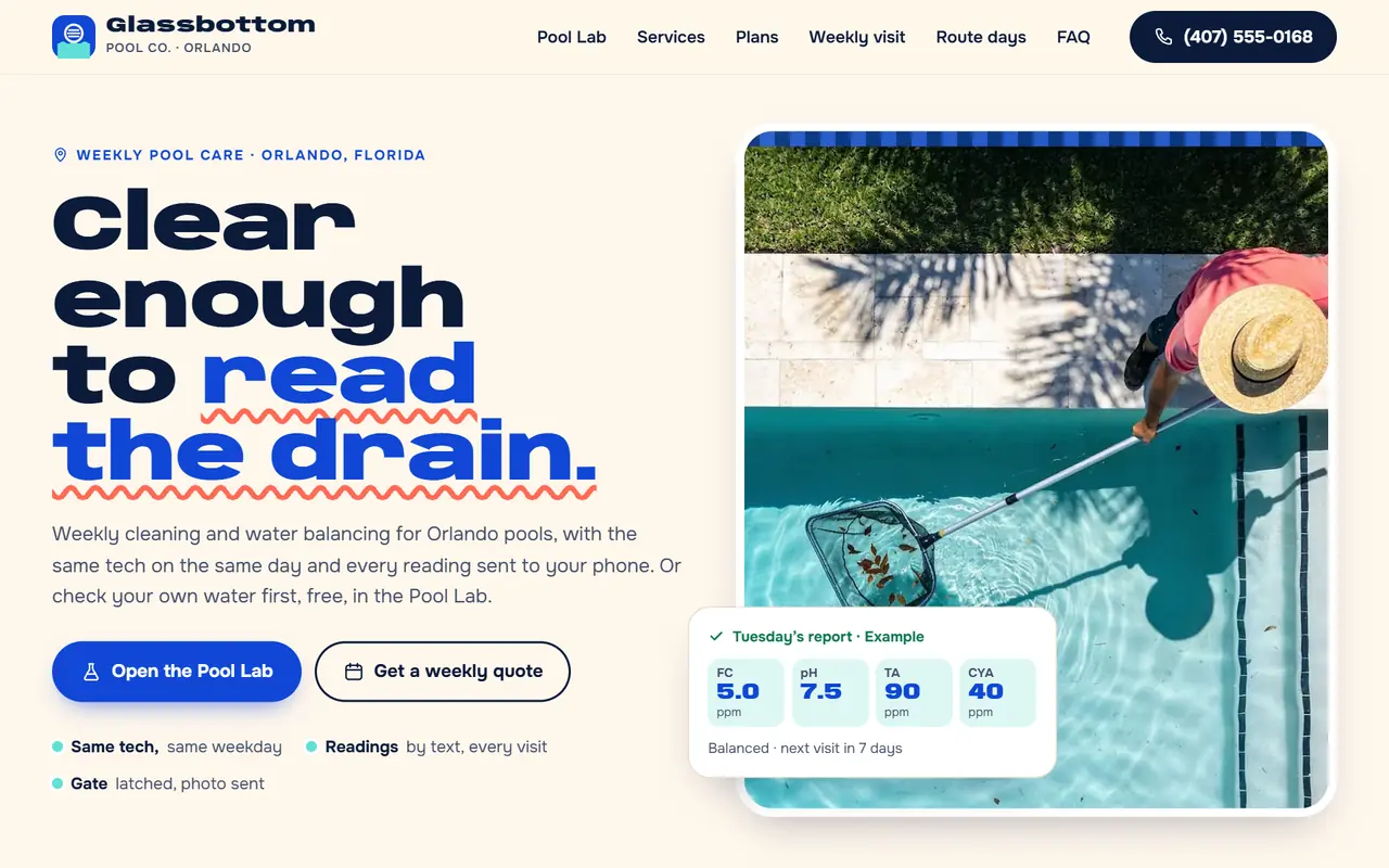Glassbottom Pool Co. website on a desktop screen