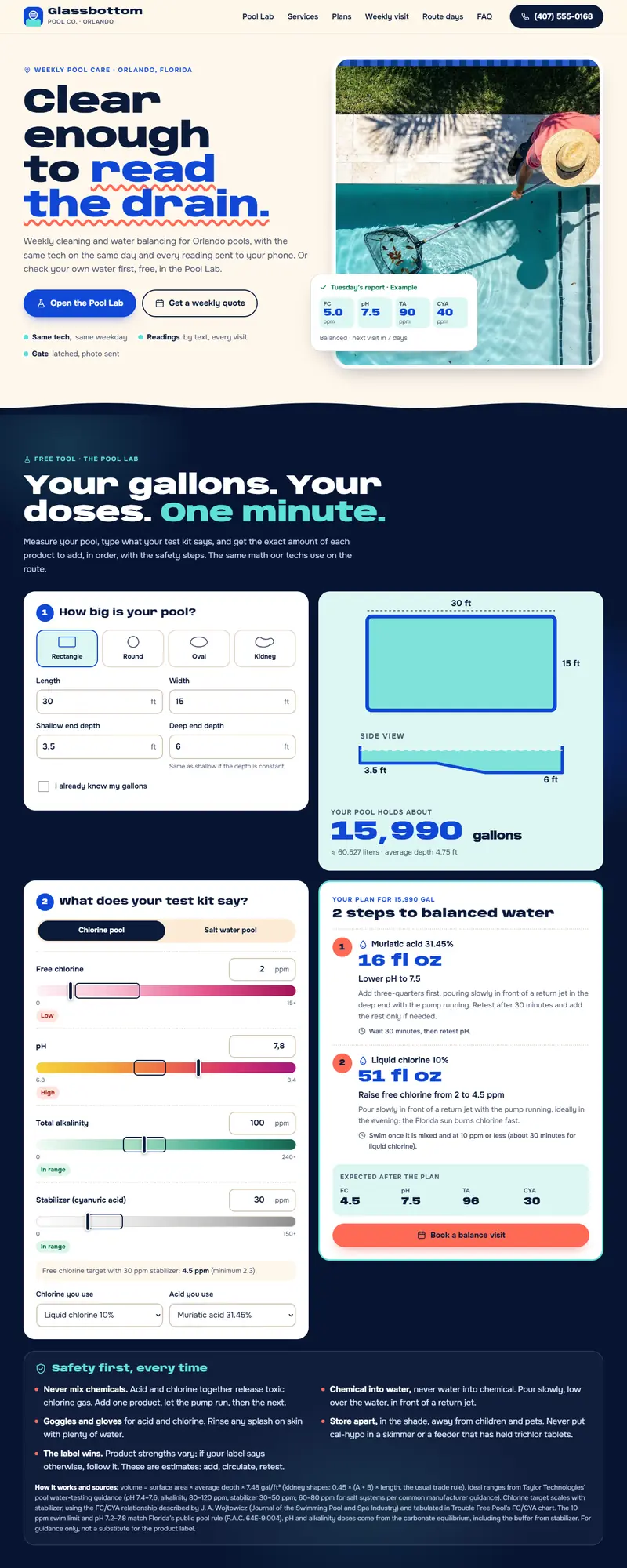 Full page of the pool service website