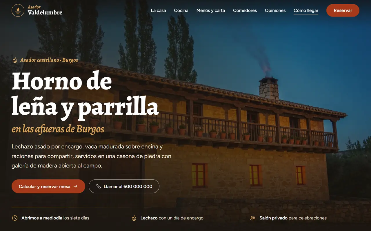 Asador Valdelumbre website on a desktop screen