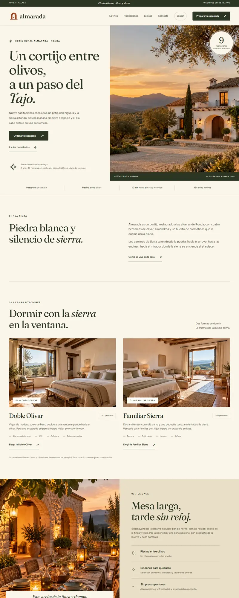 Full page of the rural hotel website