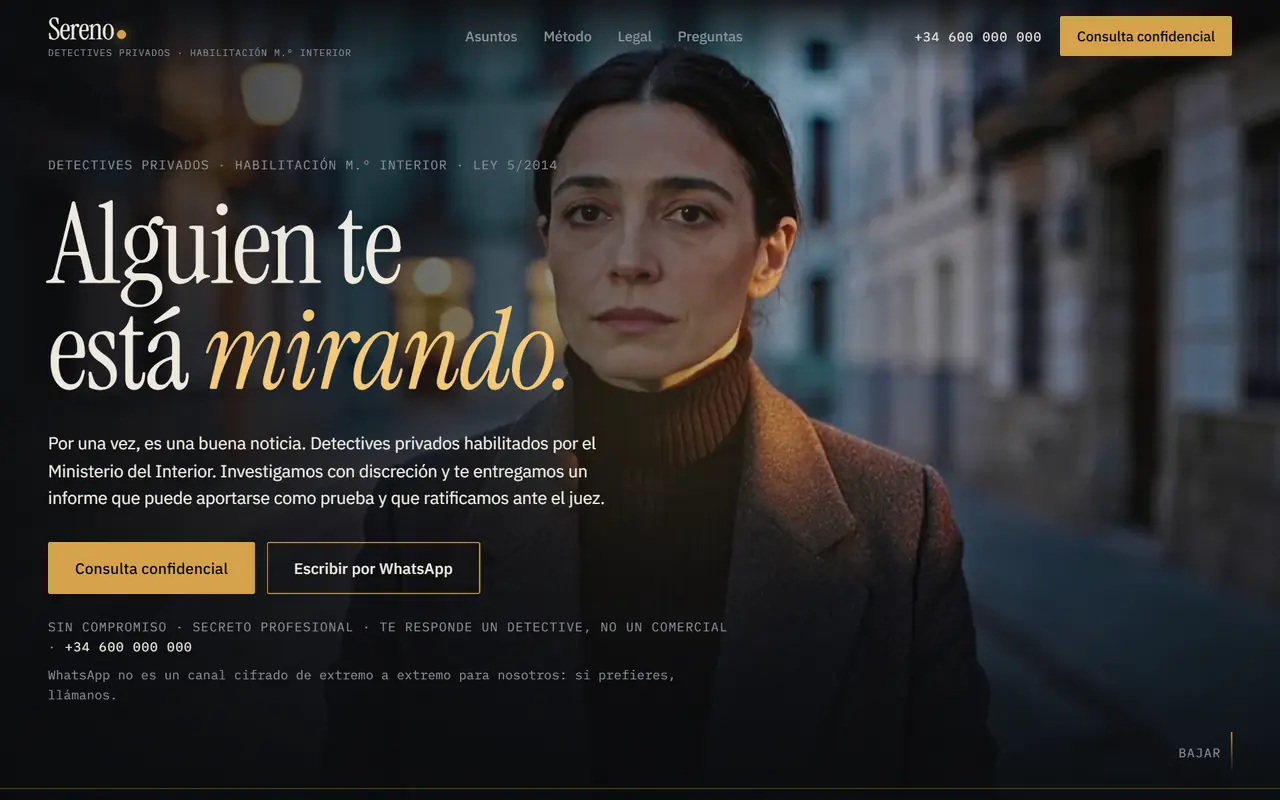 Sereno Detectives website on a desktop screen