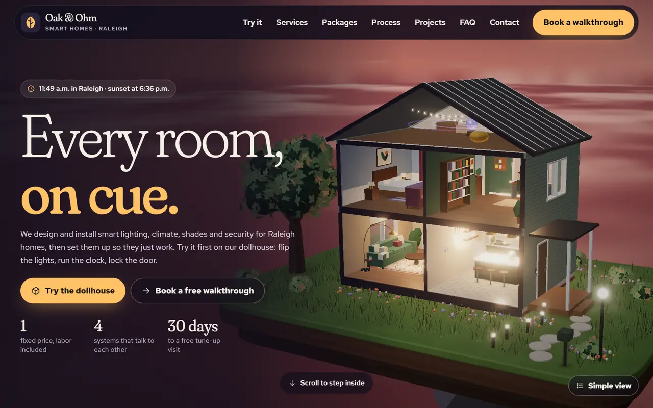 Oak & Ohm Smart Homes website on a desktop screen