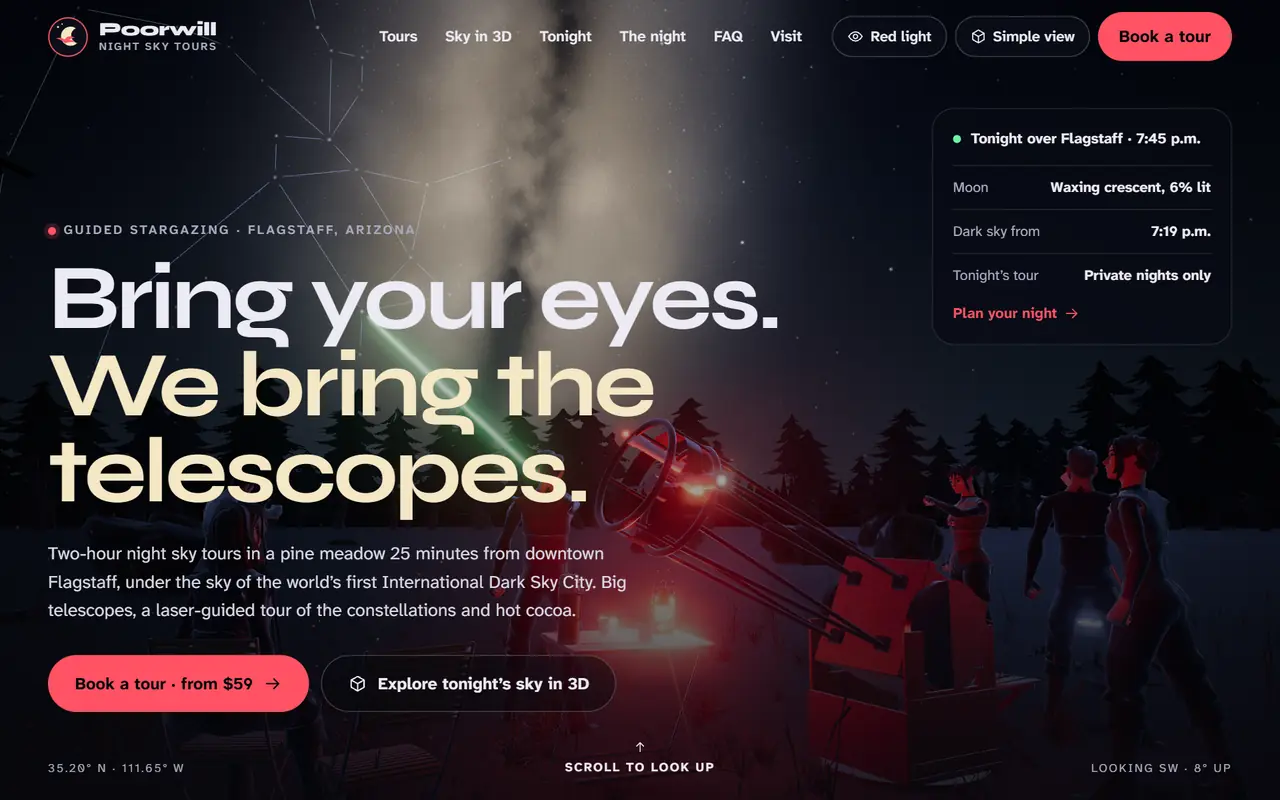 Poorwill Night Sky Tours website on a desktop screen
