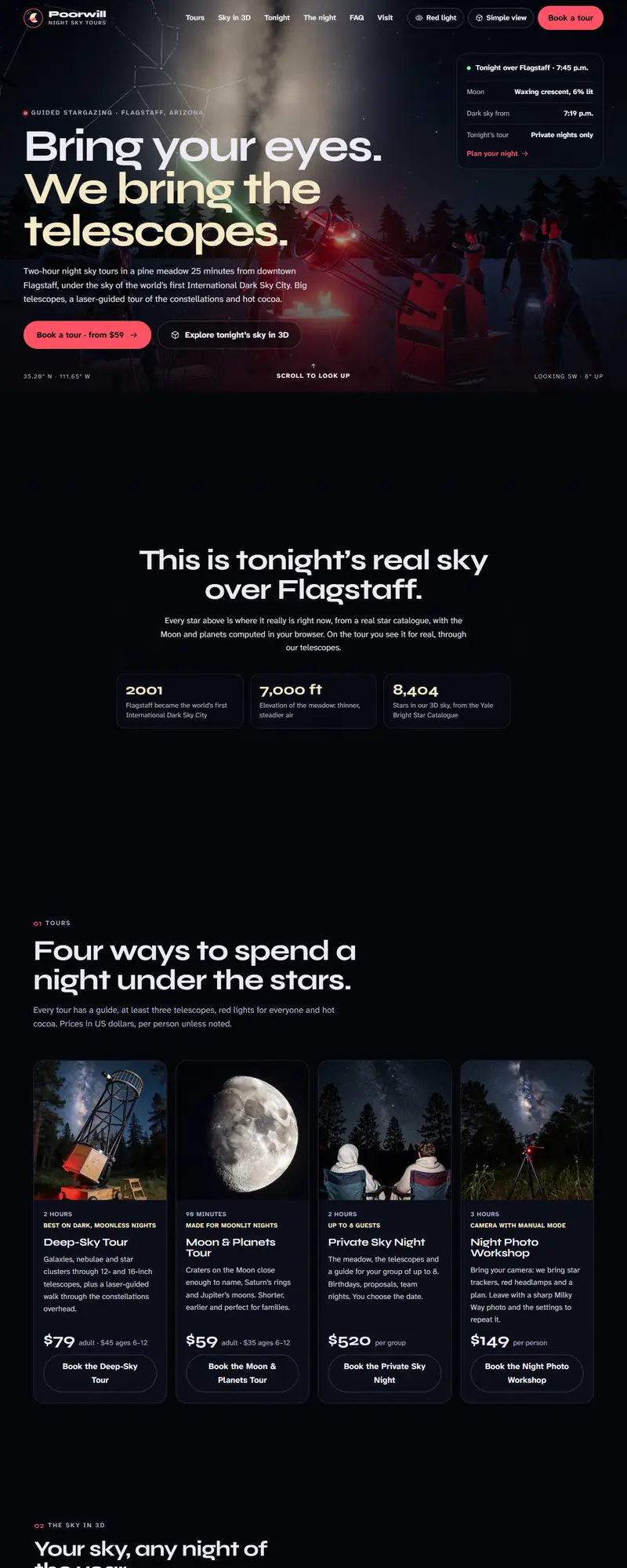 Full page of the stargazing tours website