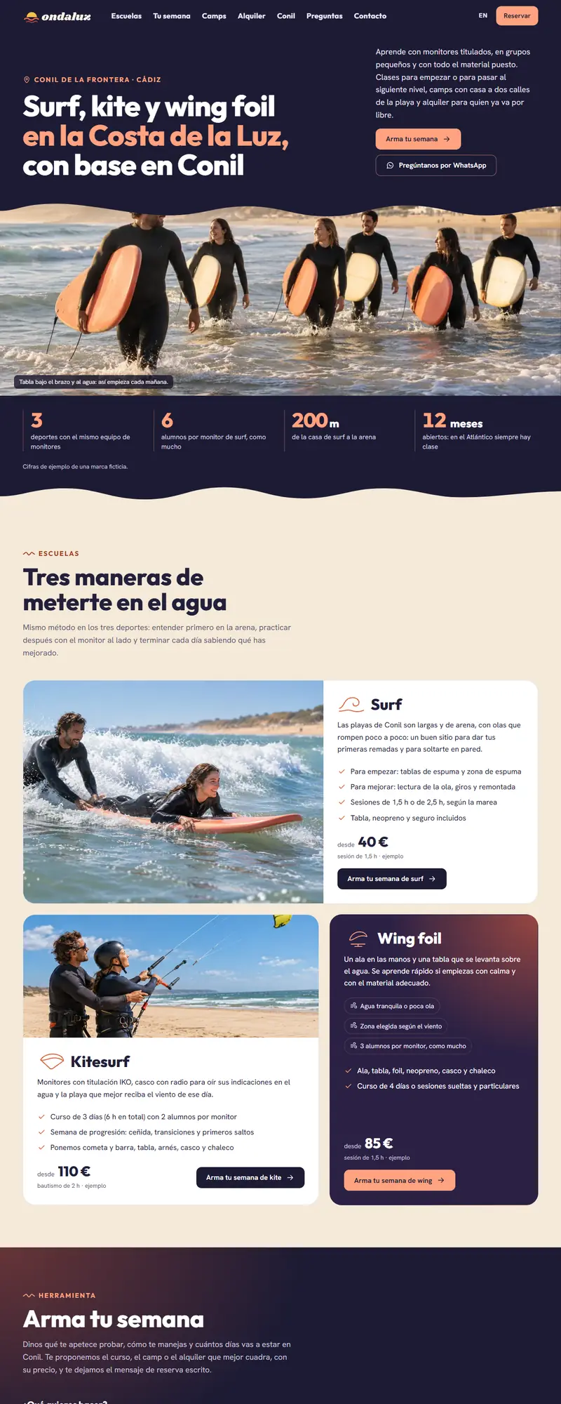 Full page of the surf school website