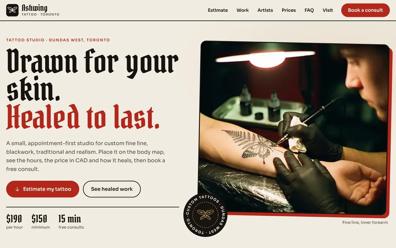 Ashwing Tattoo website on a desktop screen