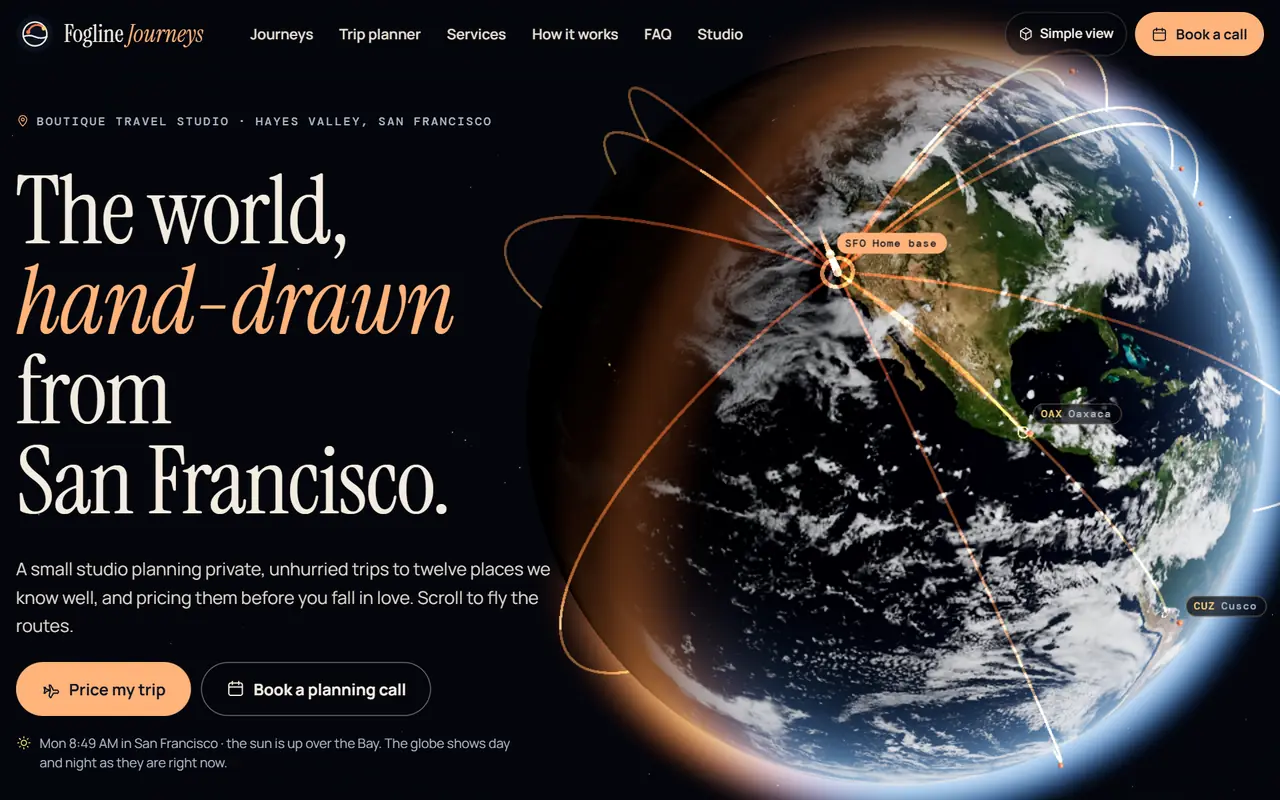 Fogline Journeys website on a desktop screen