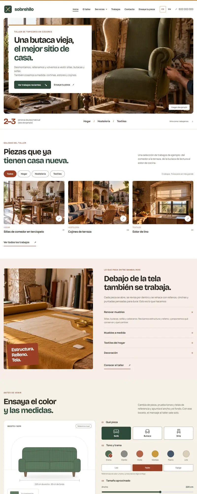 Full page of the upholstery workshop website