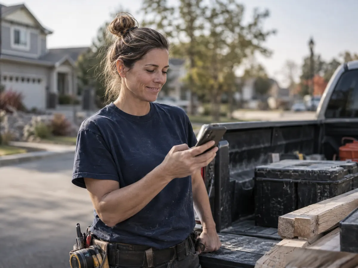 A remodeling contractor by her pickup truck, checking her phone with a pleased expression